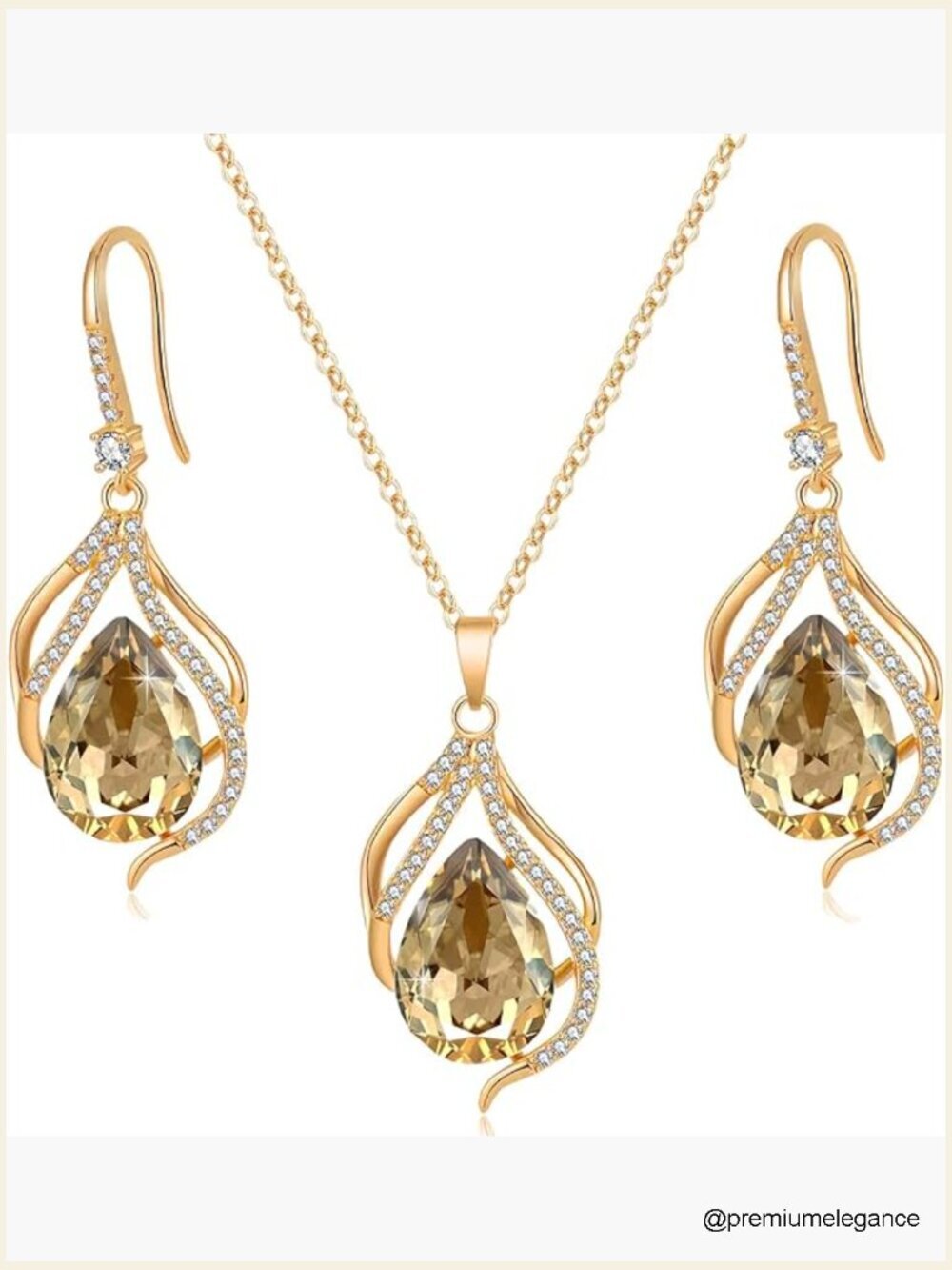 Austrian Crystal Teardrop Pendant Necklace Earrings Set 14K Gold Plated